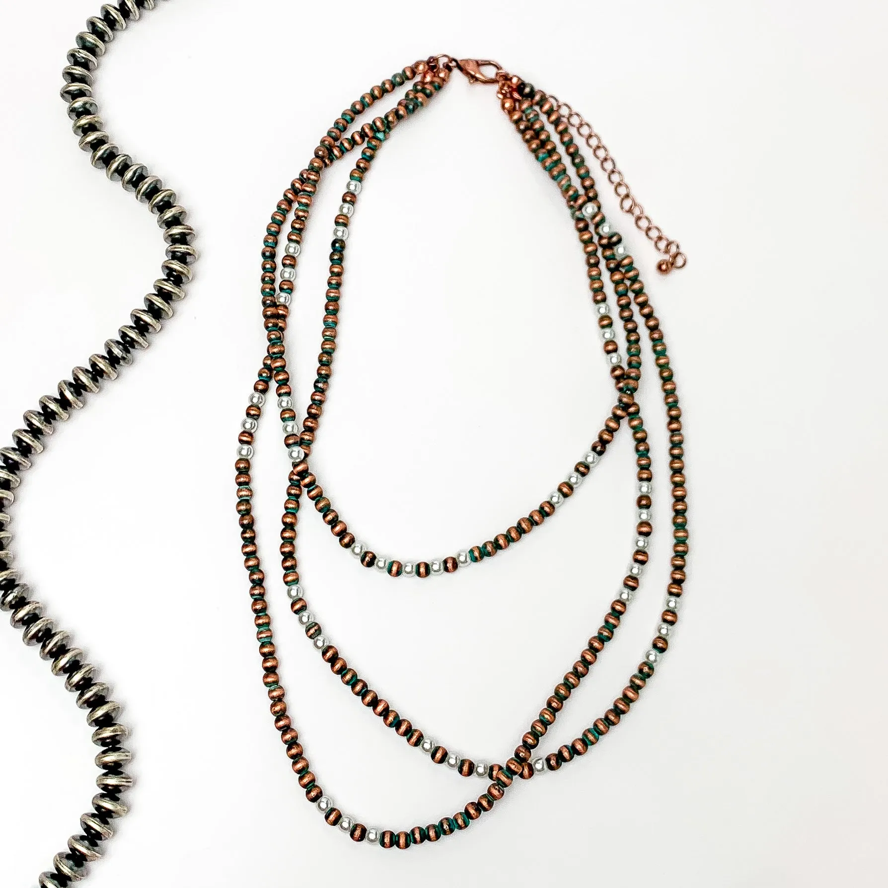 3 Strand Faux Navajo Pearl Necklace in Patina Tone with White Pearl Beads