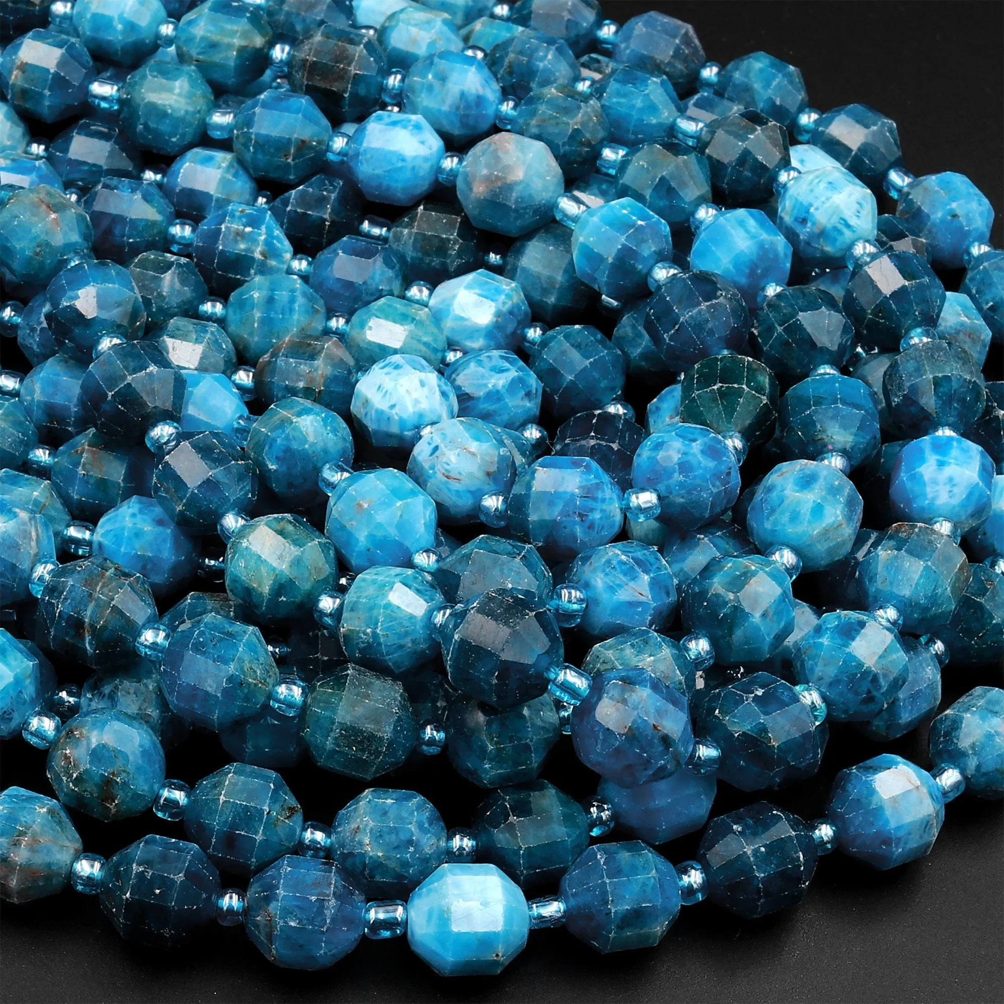 AA Natural Apatite 8mm 10mm Beads Faceted Energy Prism Double Terminated Points 15.5" Strand