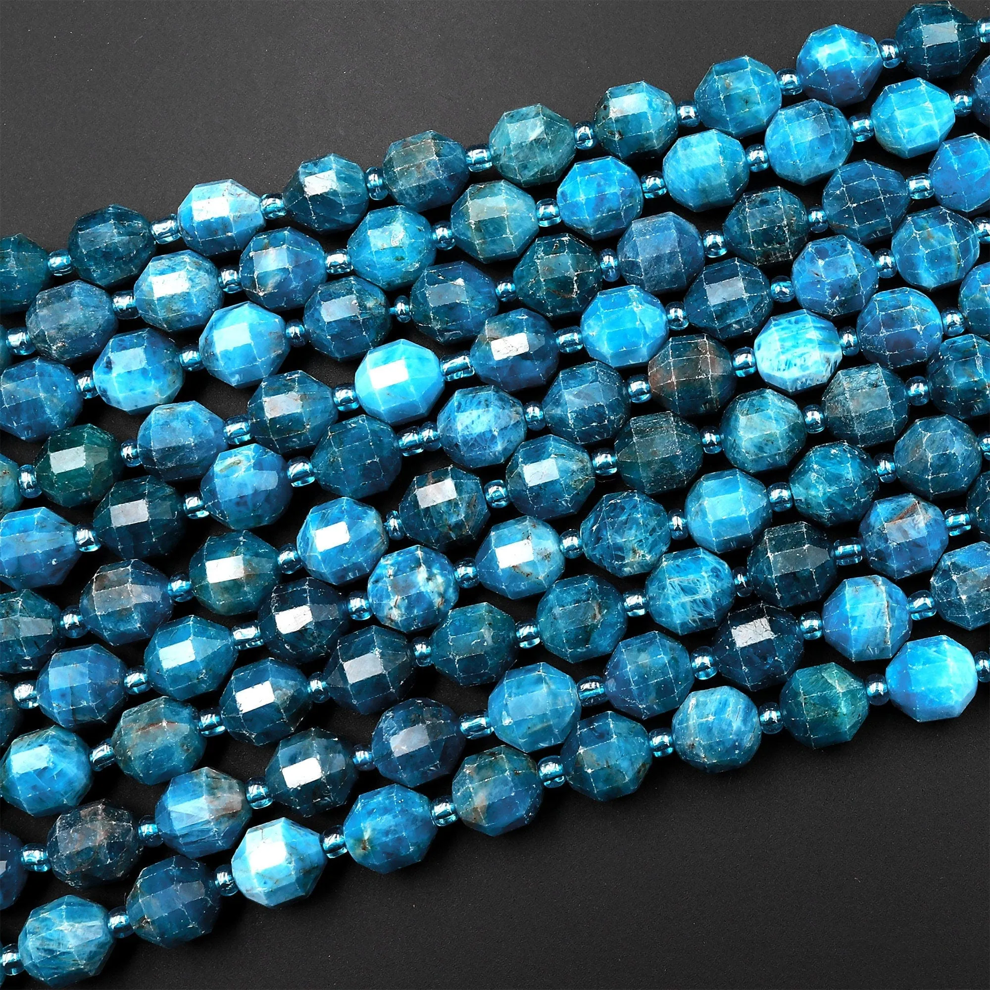 AA Natural Apatite 8mm 10mm Beads Faceted Energy Prism Double Terminated Points 15.5" Strand