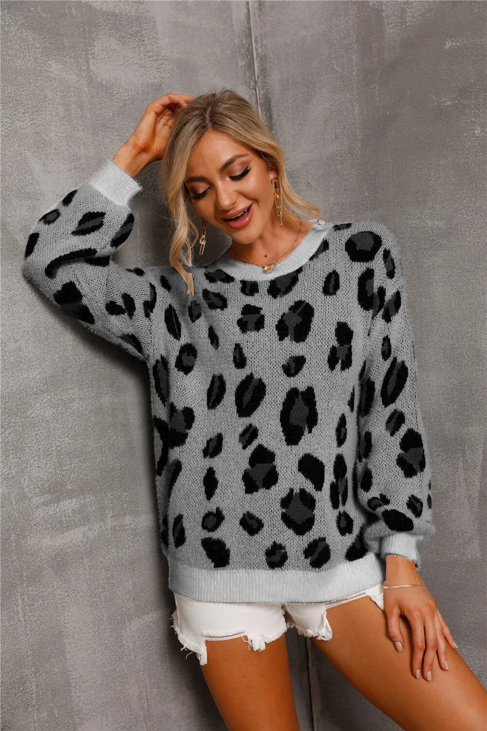 Animal Print Dropped Shoulder Knit Pullover