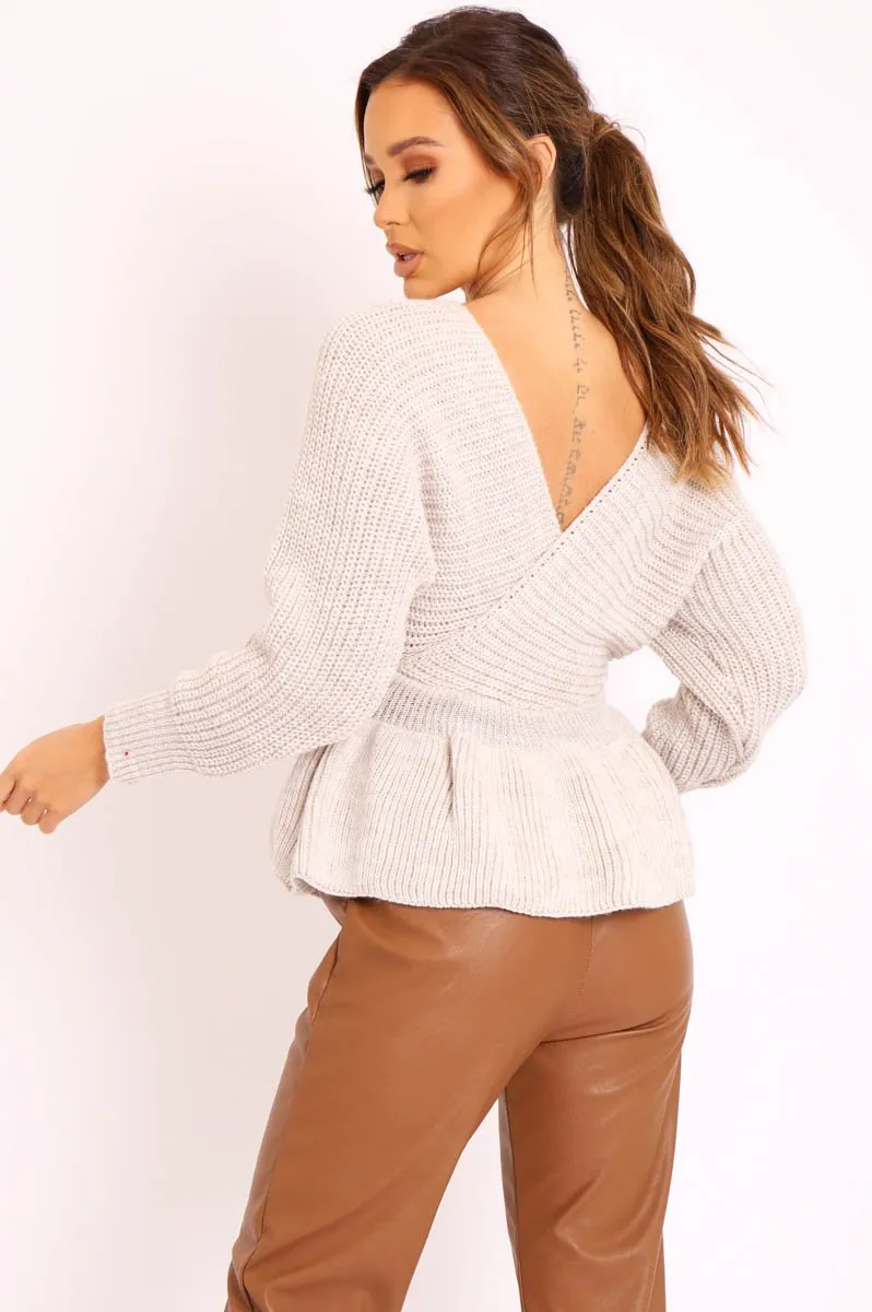 Beige Knitted Wrap Front Plunge Peplum Jumper - Samara