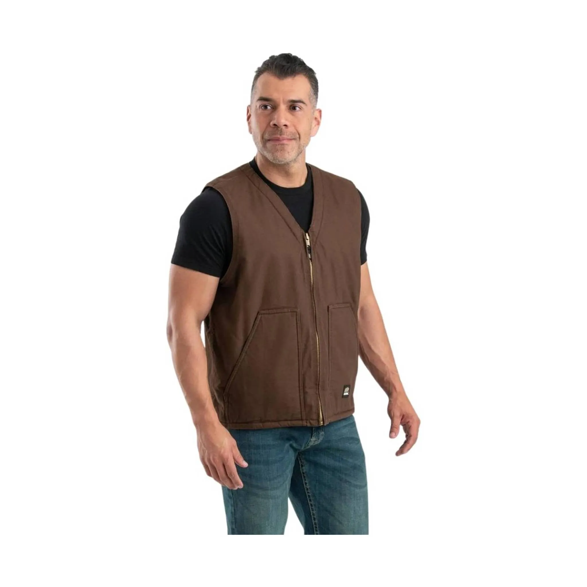 Berne Men's Heartland Sherpa-Lined Washed Duck V-Neck Vest - Bark