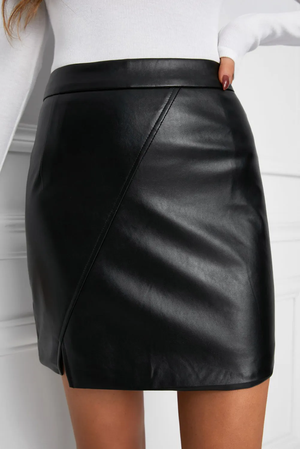 Black Faux Leather Side Slit Mini Skirt