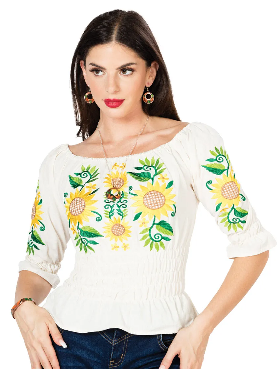 Blusa Artesanal Manga 3/4 Bordada de Girasoles para Mujer