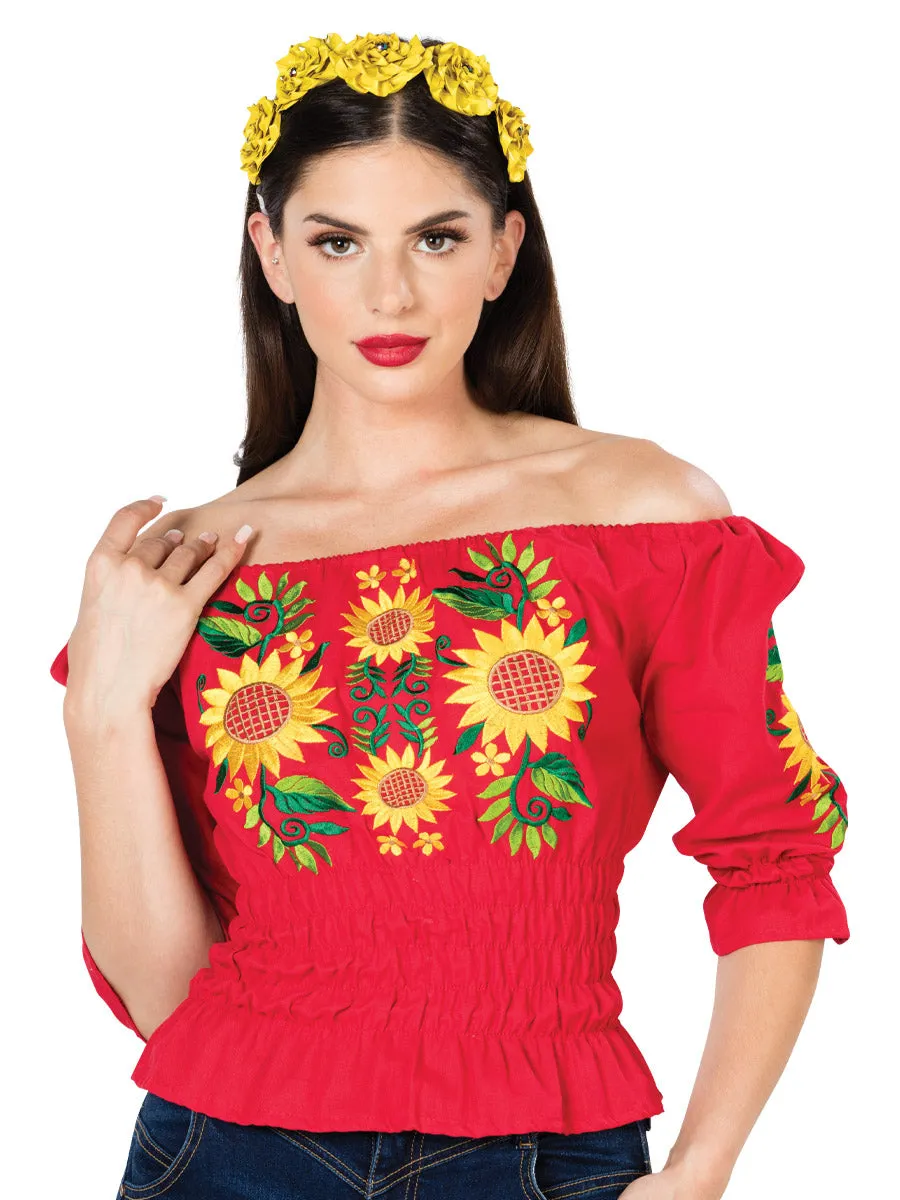 Blusa Artesanal Manga 3/4 Bordada de Girasoles para Mujer