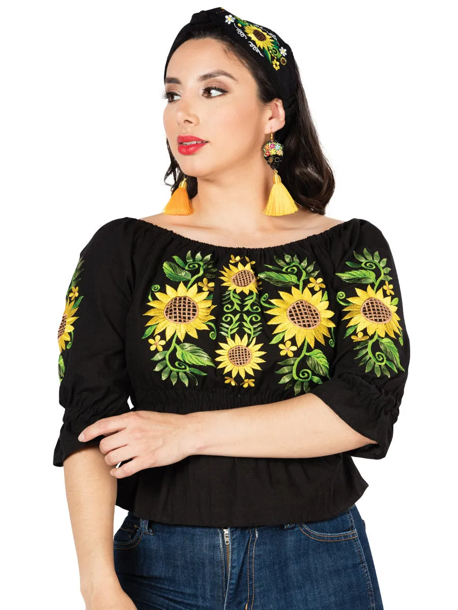 Blusa Artesanal Manga 3/4 Bordada de Girasoles para Mujer