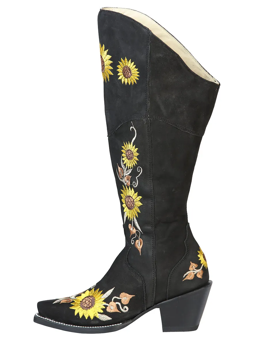 Botas Vaqueras Altas con Tubo Bordado de Girasoles de Piel Nobuck para Mujer 'El General' - ID: 43915