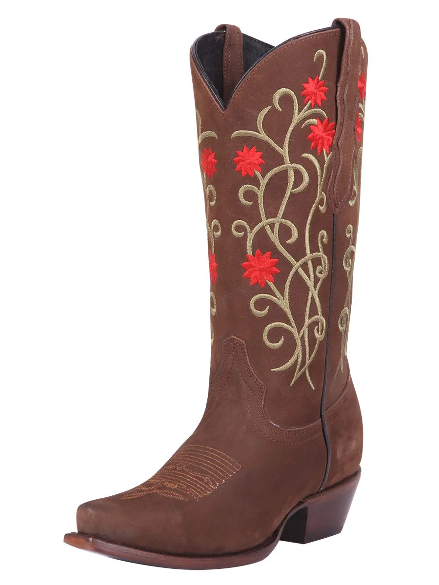 Botas Vaqueras Retro con Tubo Bordado de Flores de Piel Nobuck para Mujer 'El General' - ID: 41789