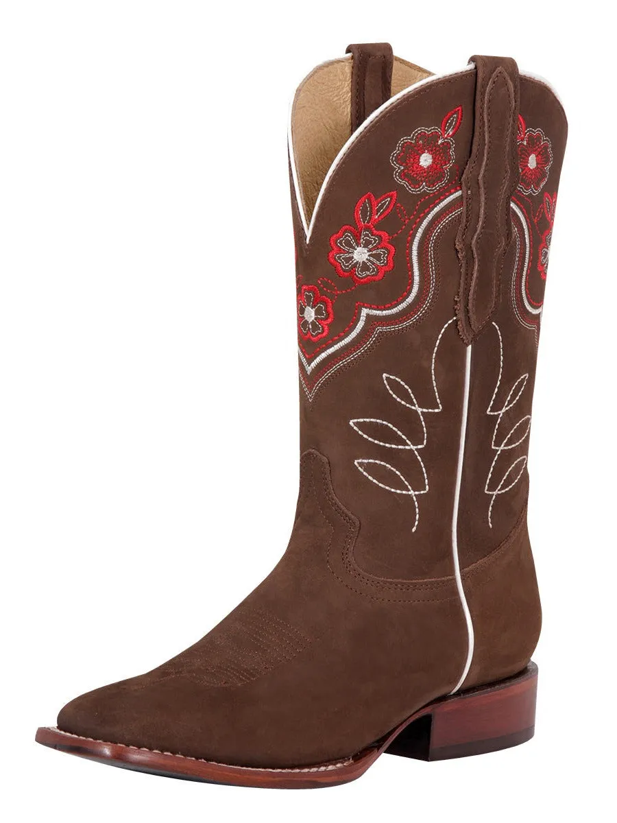 Botas Vaqueras Rodeo con Tubo Bordado de Flores de Piel Nobuck para Mujer 'El General' - ID: 42980