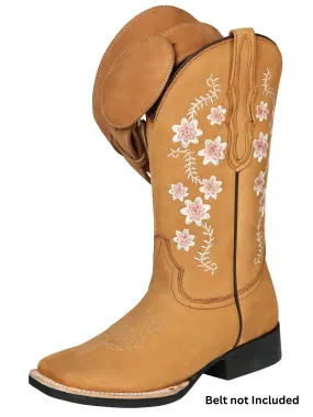 Botas Vaqueras Rodeo con Tubo Bordado de Flores de Piel Nobuck para Mujer 'El General' - ID: 44644