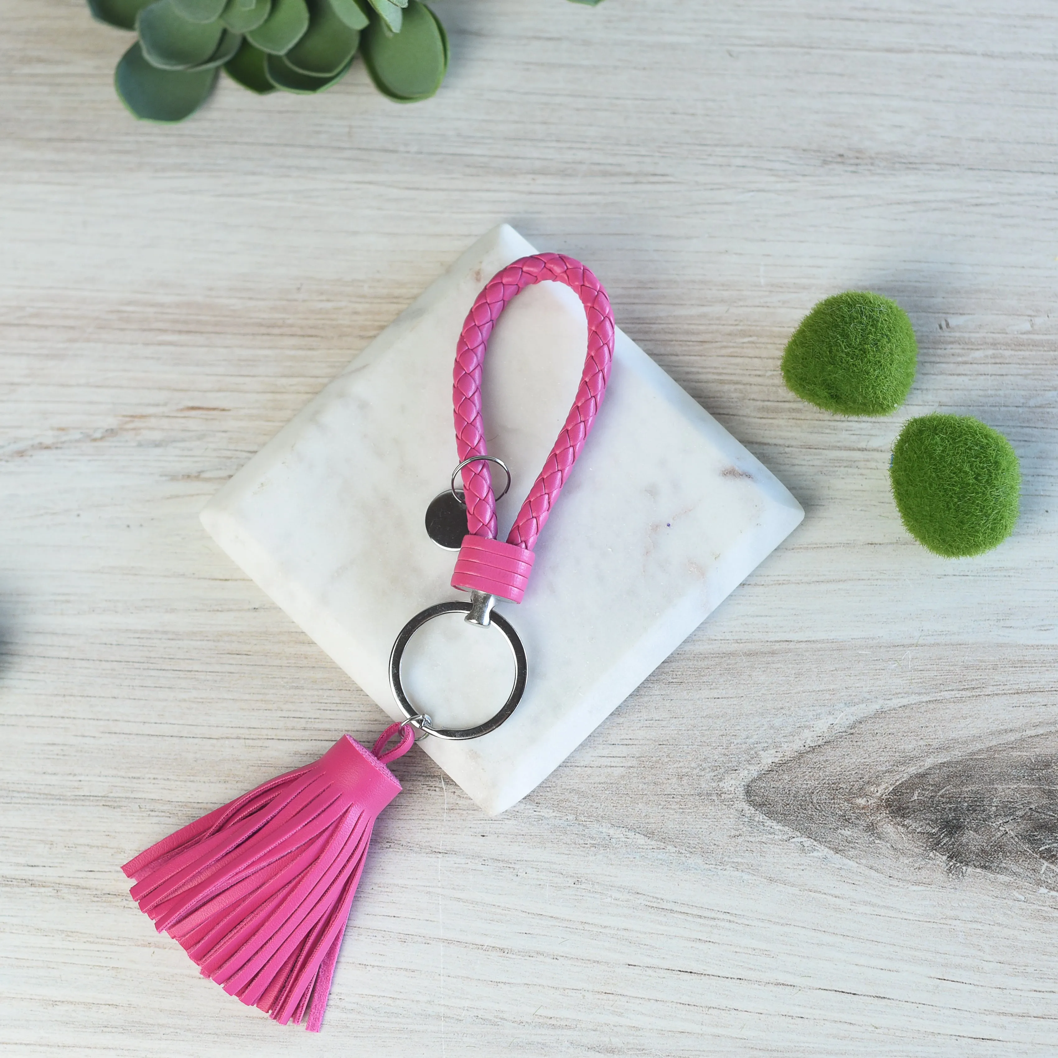 Braided Faux Leather Keychain with Tassel