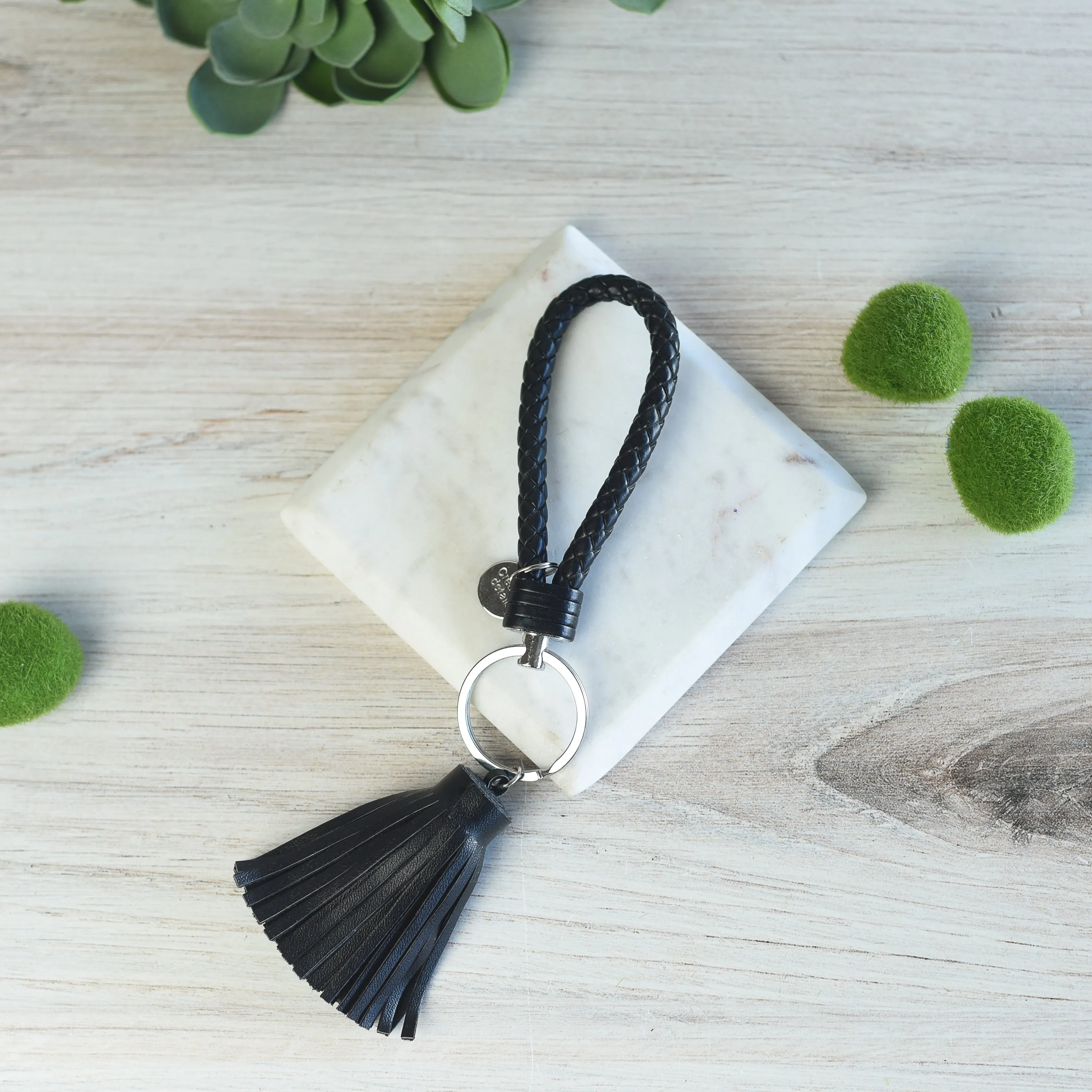 Braided Faux Leather Keychain with Tassel