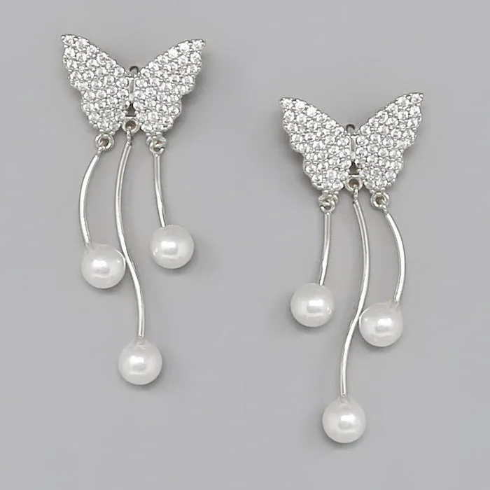 Butterfy CZ Pave Pearl Drop Earrings