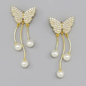 Butterfy CZ Pave Pearl Drop Earrings