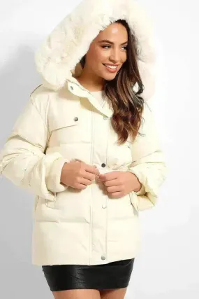 Cream Self-Tie Faux Fur Hood Puffer Jacket