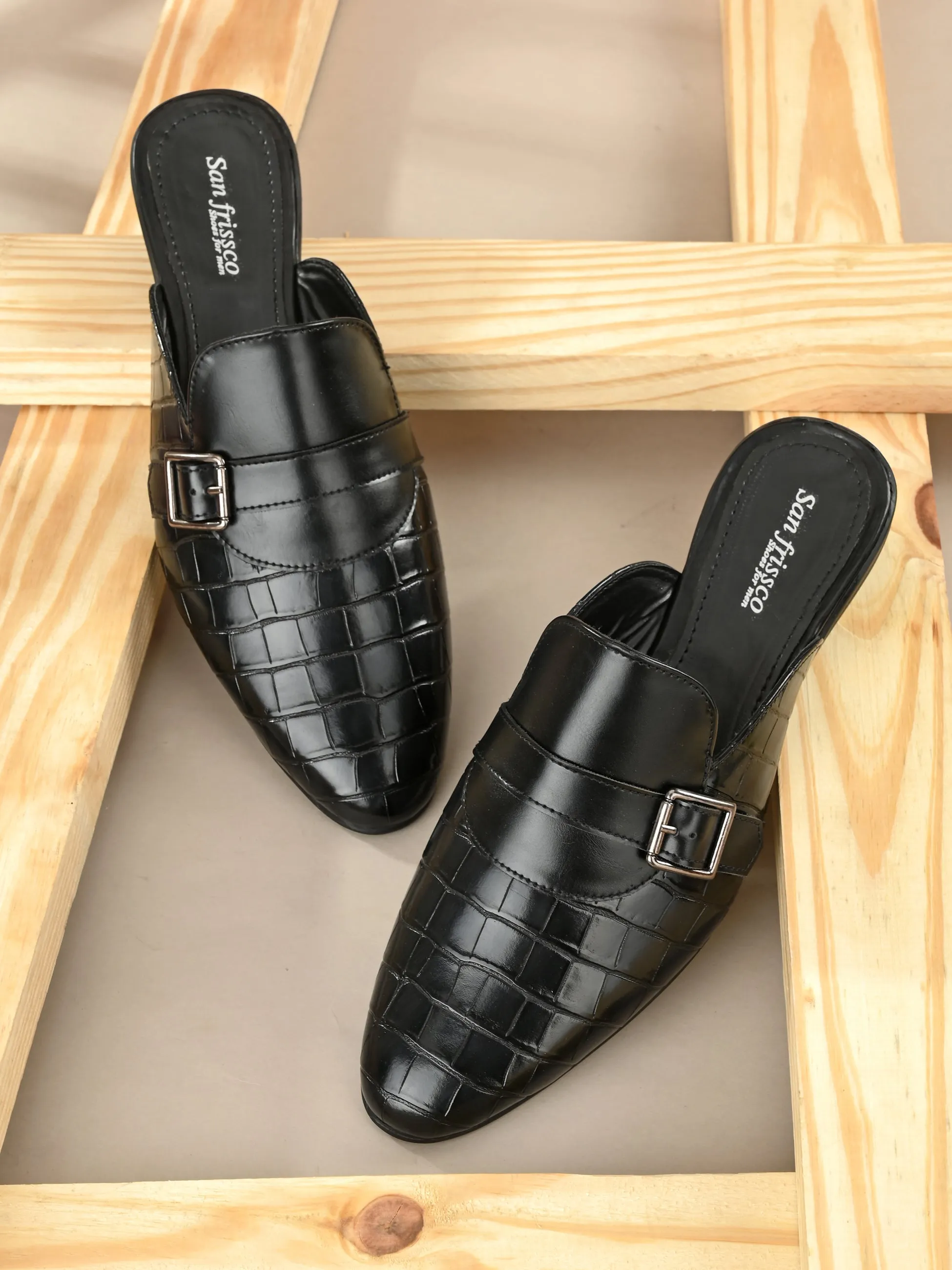 Ethno Black Buckle Mules