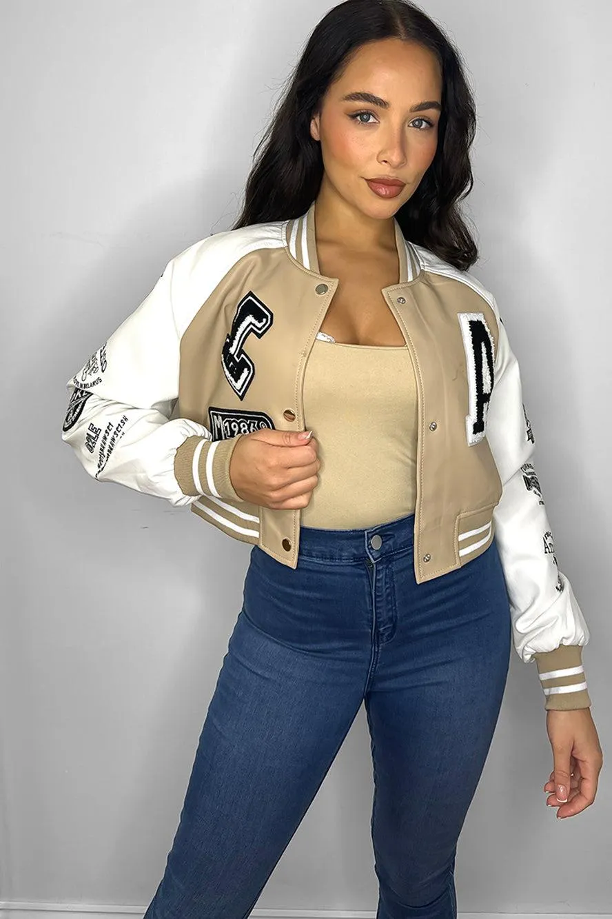 Faux Leather Cropped Contrast Varsity Bomber Jacket