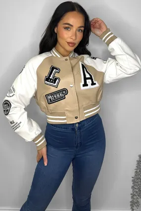 Faux Leather Cropped Contrast Varsity Bomber Jacket