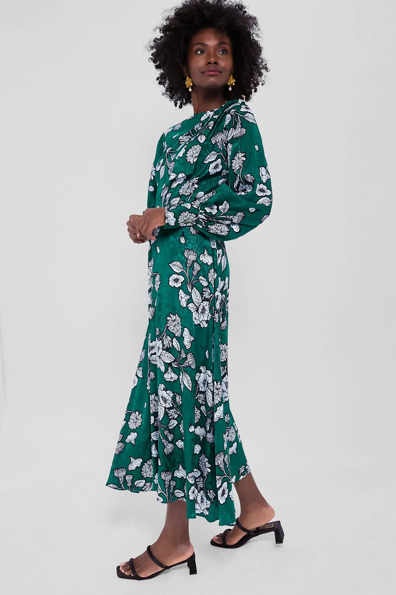 Glass Flower Emerald Marina Tie Shoulder Dress with Sleeves