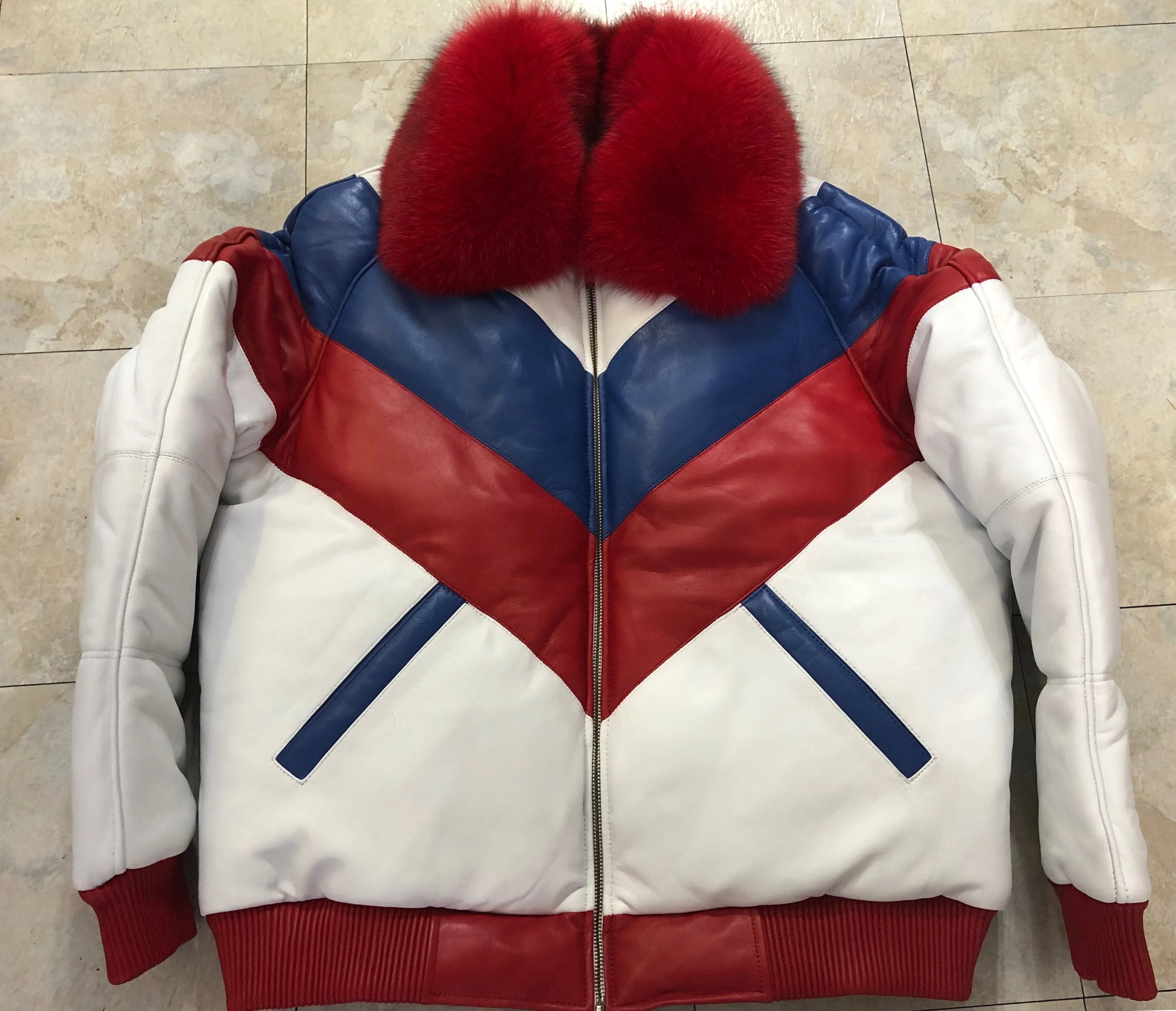 Men's V-Bomber With Premium Fox Fur Collar [White/Red/Blue]