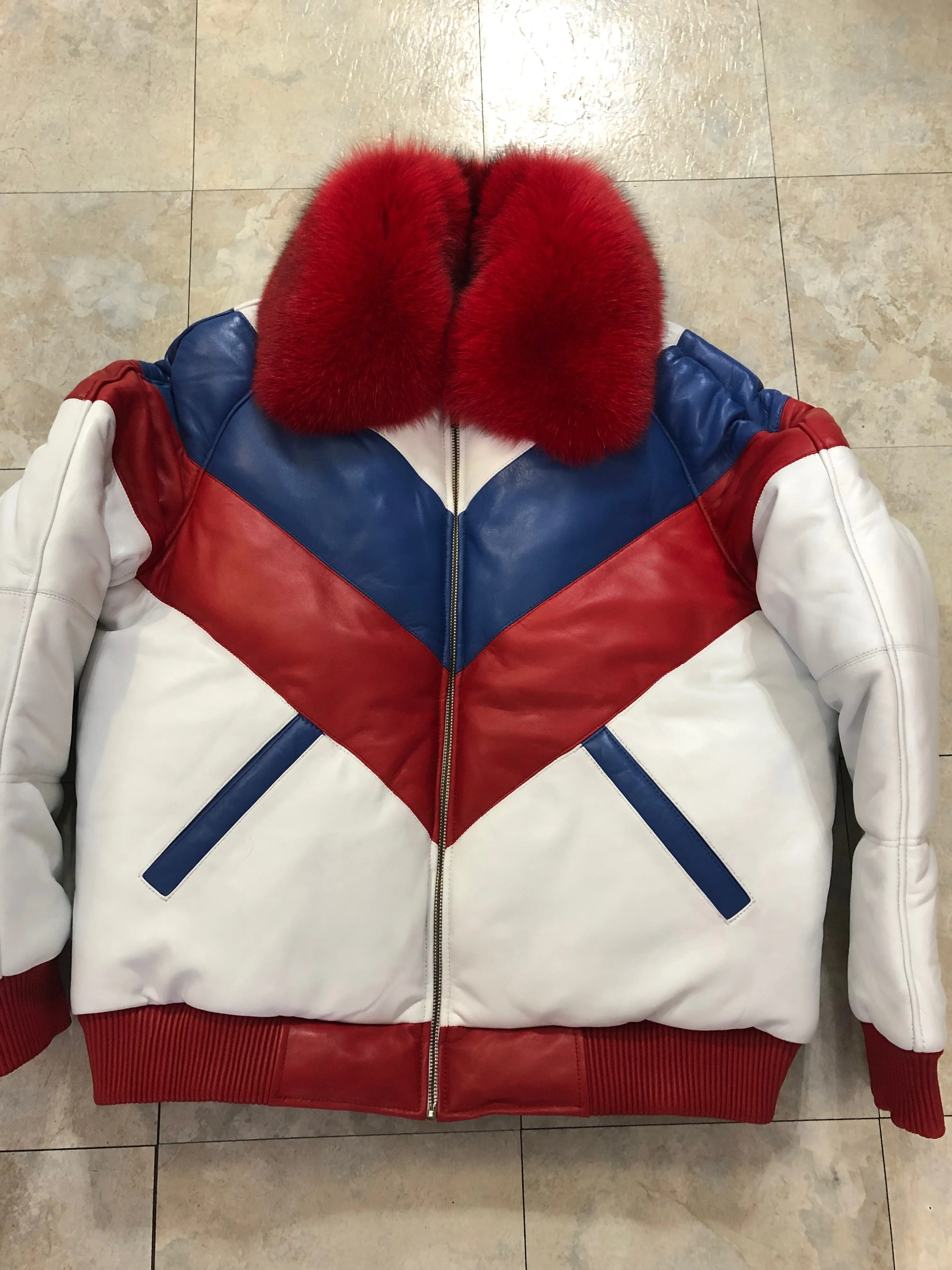 Men's V-Bomber With Premium Fox Fur Collar [White/Red/Blue]