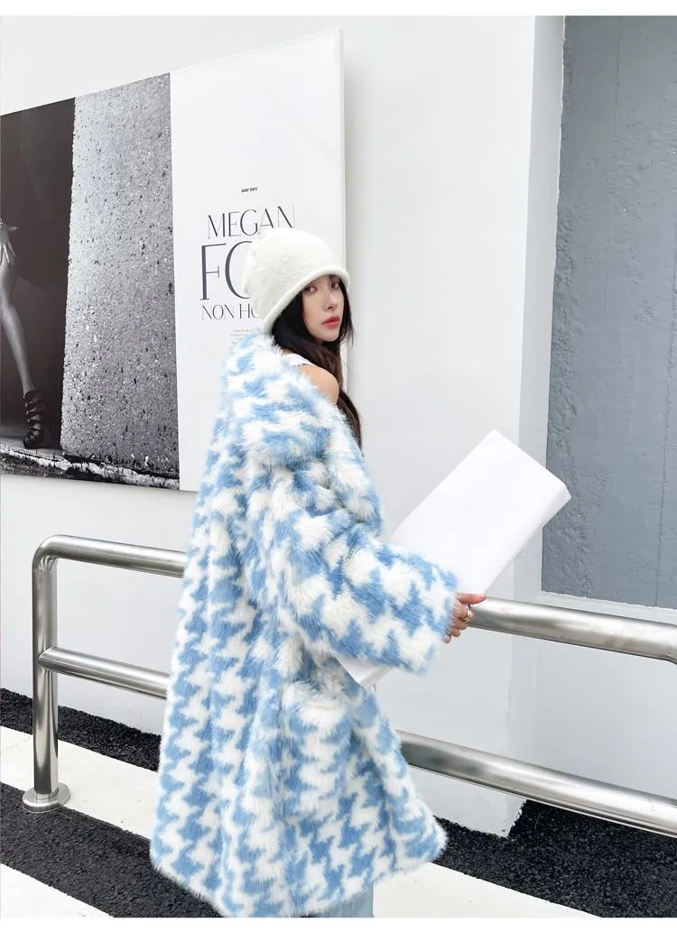 Oversize Houndstooth Fur Coat