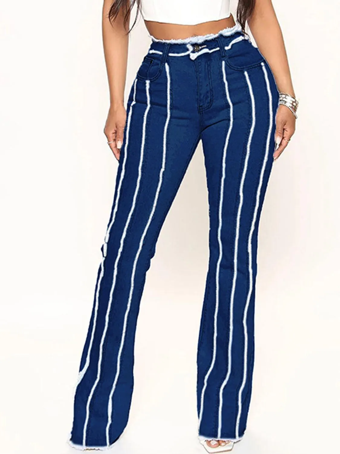 Striped Raw Hem Jeans (S - 2X)