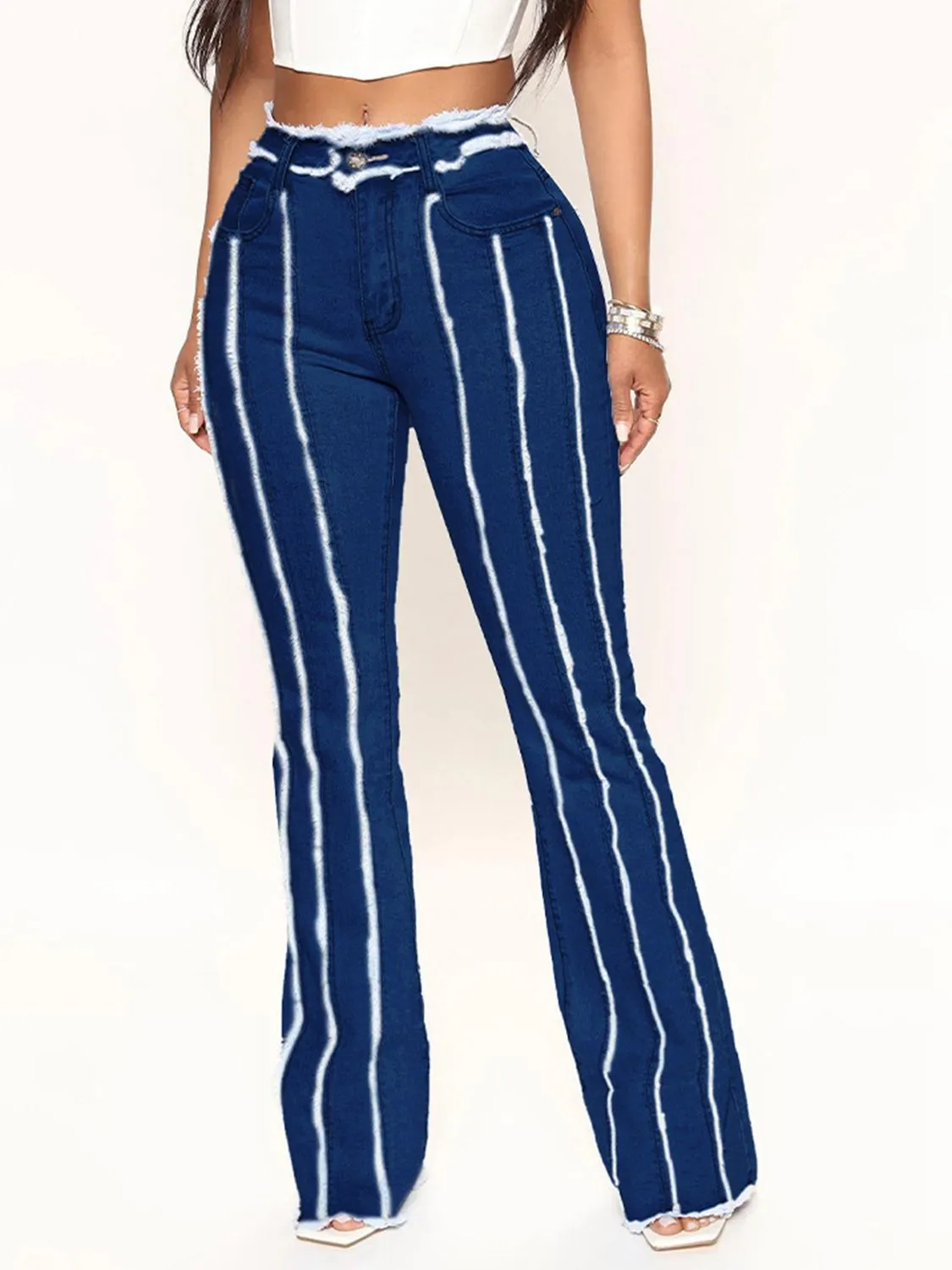 Striped Raw Hem Jeans (S - 2X)