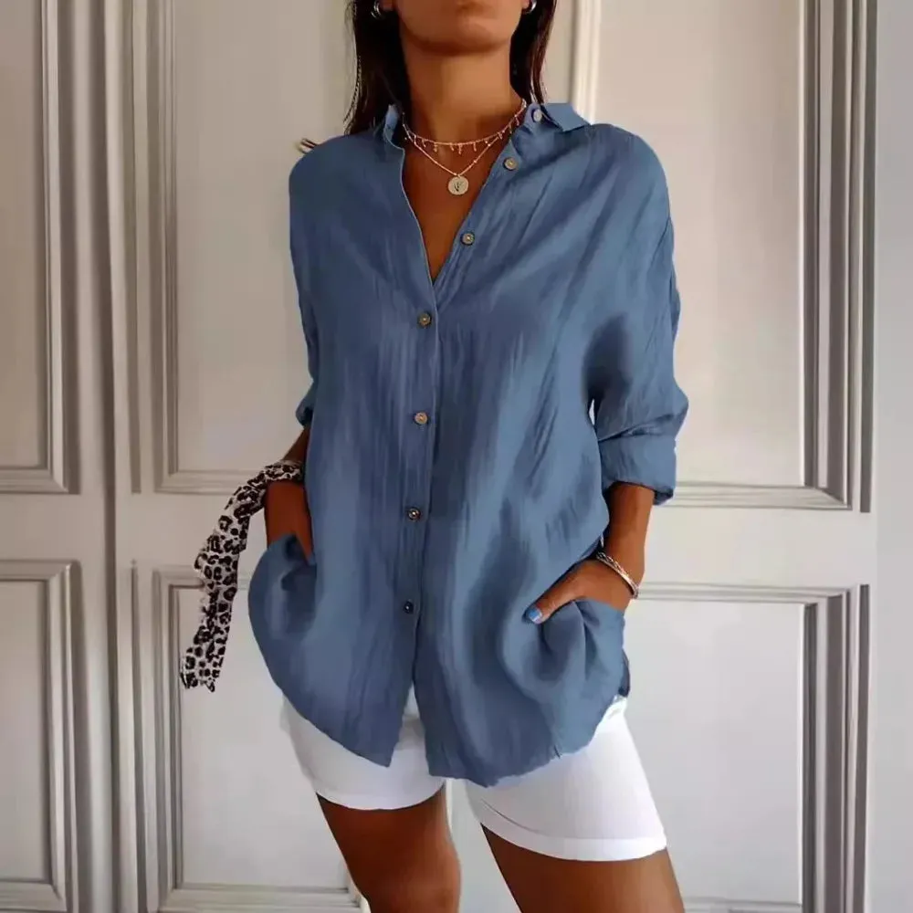 Summer V Neck Casual Cotton Linen Button Shirt Women Fashion Loose Solid Lapel Cotton Office Linen Shirt Women Top Retro 2024