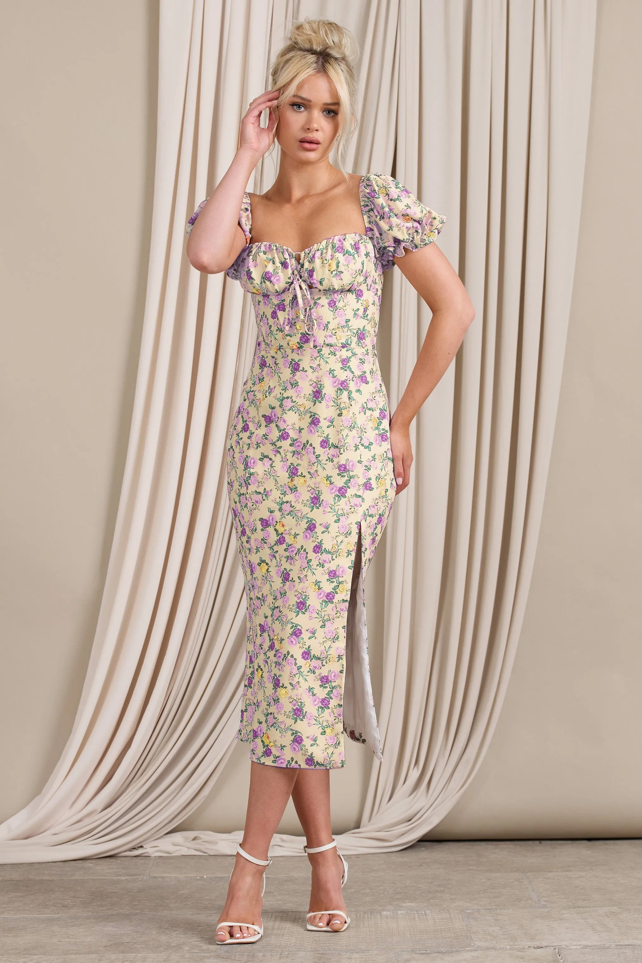 Two Scoops | Robe mi-longue jaune floral à manches bouffantes et corset