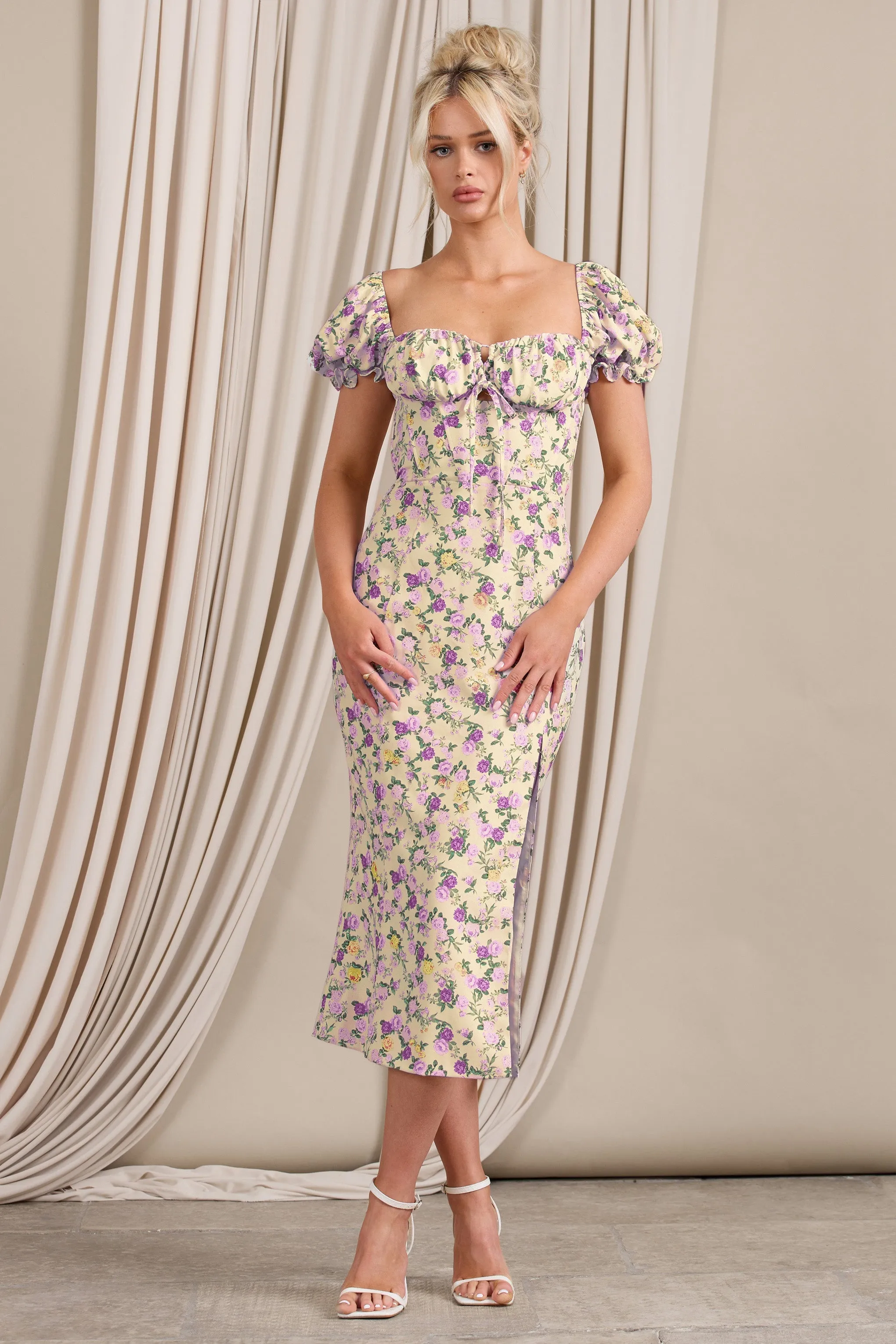 Two Scoops | Robe mi-longue jaune floral à manches bouffantes et corset