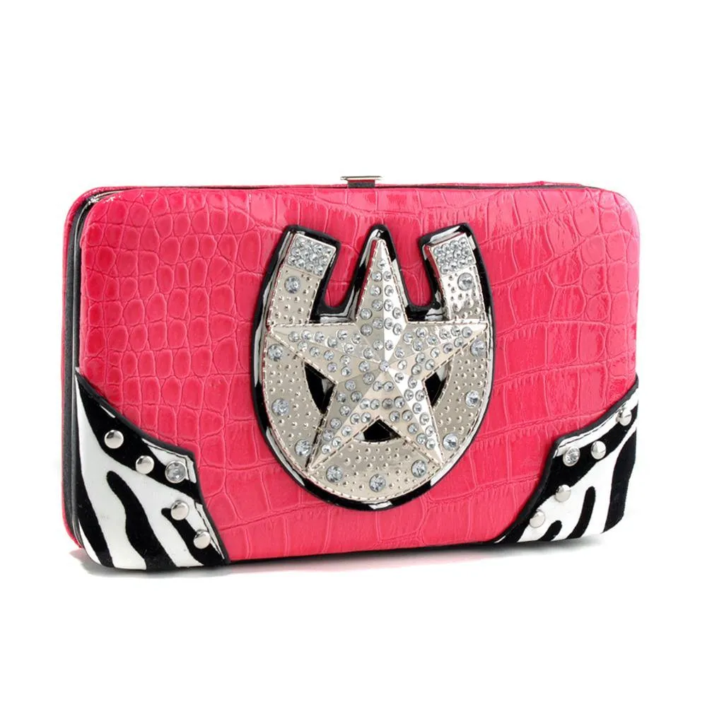 Western Frame Wallet with Star Horseshoe Emblem and Zebra Print Trim