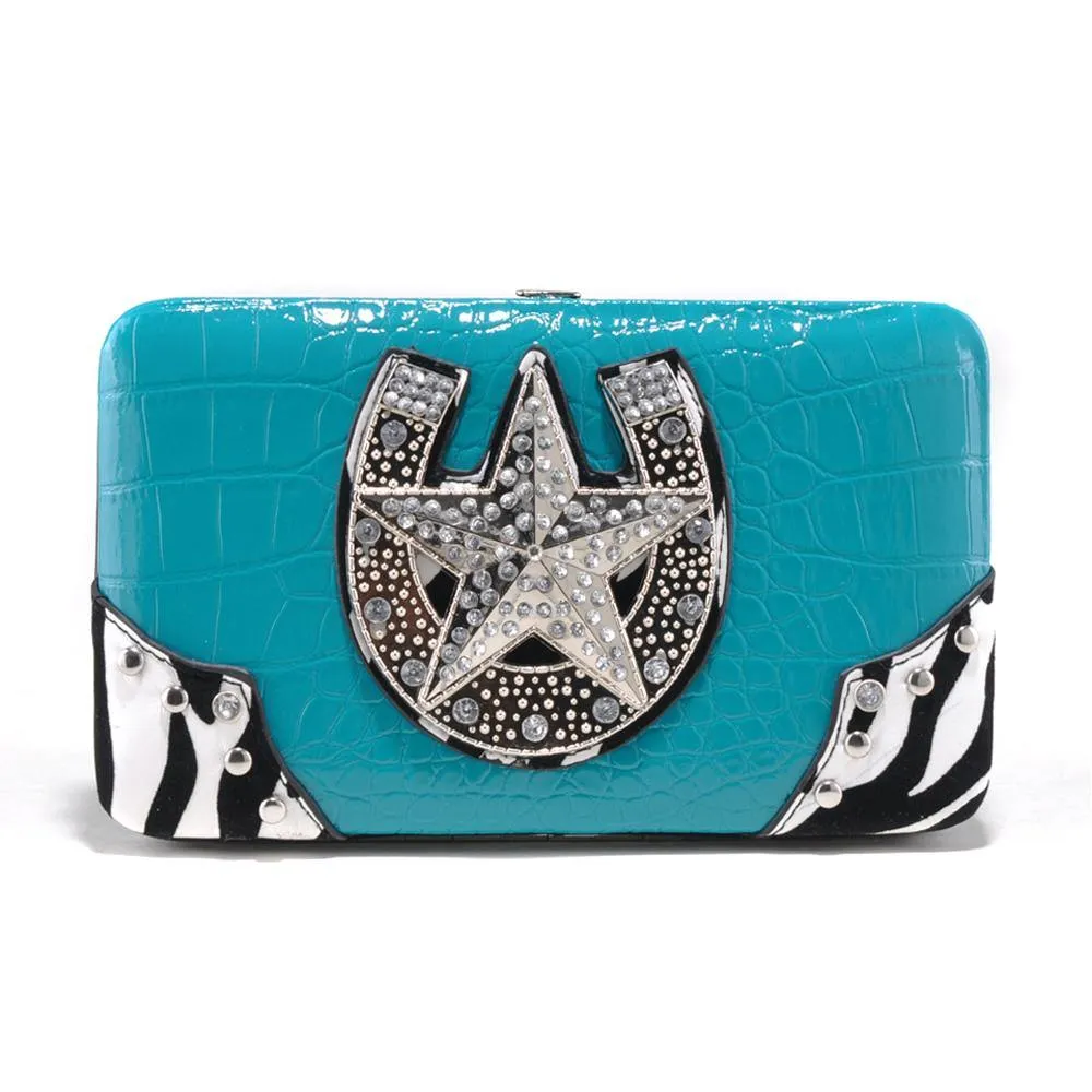 Western Frame Wallet with Star Horseshoe Emblem and Zebra Print Trim